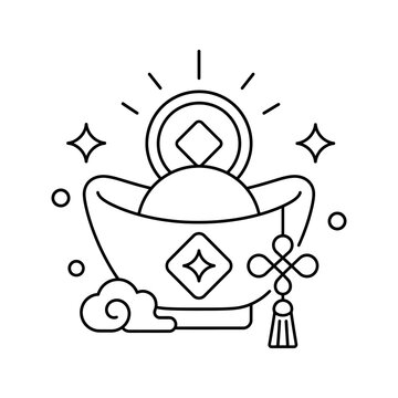 Golden sycee ingot line icon with lucky coin and knot for prosperity.