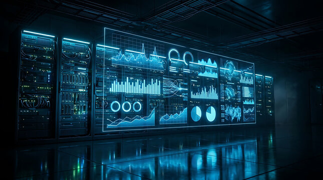 Server rack wall with illuminated holographic data display in a data center