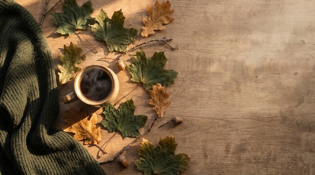 Flat lay of steaming coffee mug with maple leaves and acorns on wood table