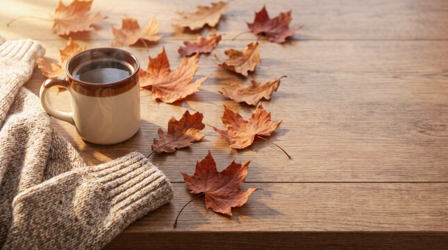 Flat lay of coffee mug and scattered maple leaves with cozy knit sweater