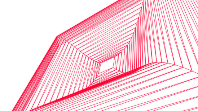 Vibrant red geometric tunnel design featuring parallel lines creating a dynamic sense of depth and motion