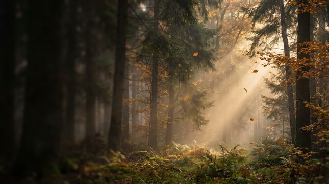Misty pine forest with golden sunbeams filtering through green ferns at dawn