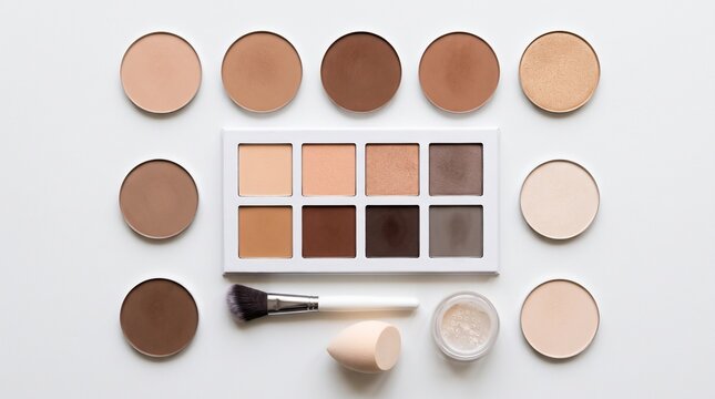 Makeup Palette and Essentials: A flat lay of various makeup shades, including foundations, eyeshadows, and blush, along with a makeup brush and sponge, neatly arranged for creative artistry.