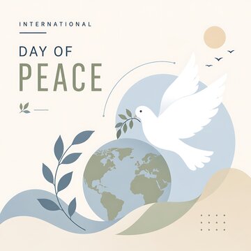 International Day of Peace poster with white dove and olive branch. Global peace concept with earth globe. Minimalist social media graphic.