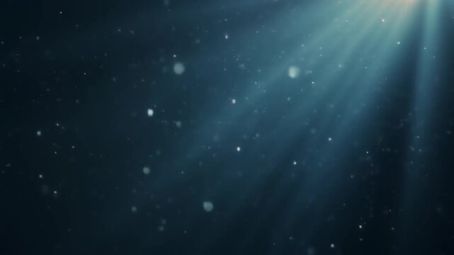 Minimalist macro view of countless tiny dust particles slowly floating through subtle blue light rays