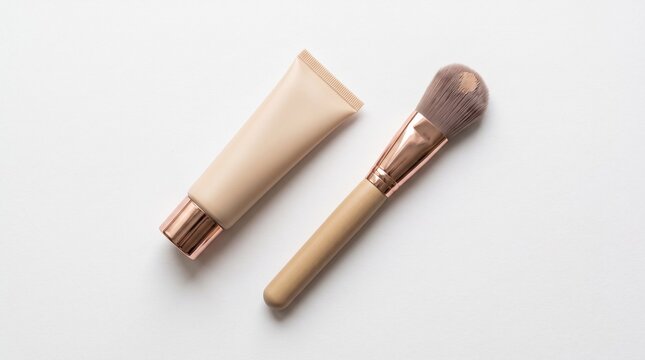 Foundation and Brush Elegance: A tube of liquid foundation sits beside a makeup brush, showcasing essential tools for achieving a flawless complexion.