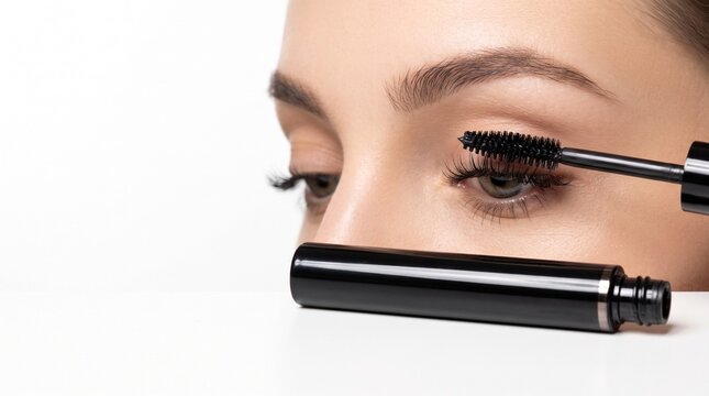 Applying Mascara: A close-up shot focuses on a woman's eye as mascara is applied to her lashes, highlighting the product and the delicate beauty routine.