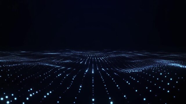 Thousands of tiny luminous particles gently expand in a blue wavy digital grid landscape representing data flow