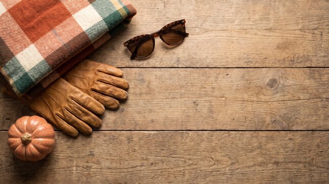 Flat lay of plaid blanket, leather gloves and mini pumpkin on wood table