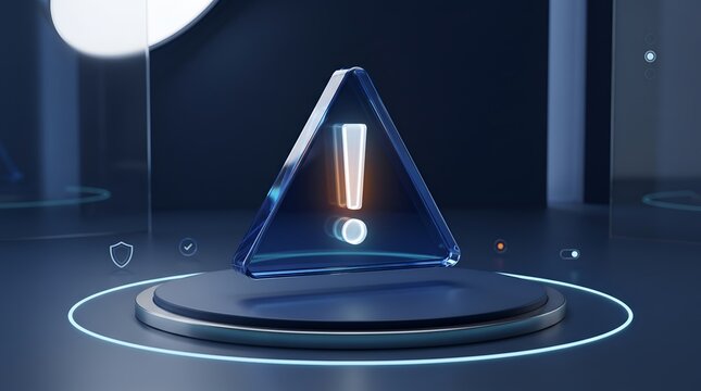 Glowing exclamation mark in glass triangle on futuristic pedestal