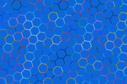 Abstract blue hexagon pattern with colorful outlines