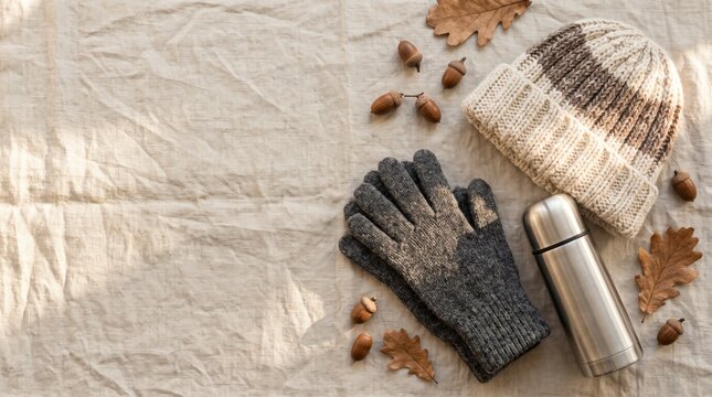 Flat lay of knit beanie, gloves and thermos with acorns on linen fabric