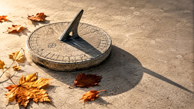 Stone Sundial Casting Long Shadow Among Autumn Leaves for Autumn Equinox, Seasonal Time and Astronomy Concept