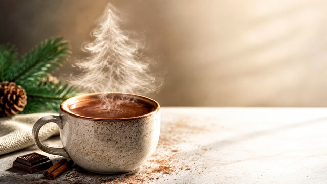  Hot Chocolate with Steam Forming Christmas Tree Shape for Cozy Winter Holiday Advertising