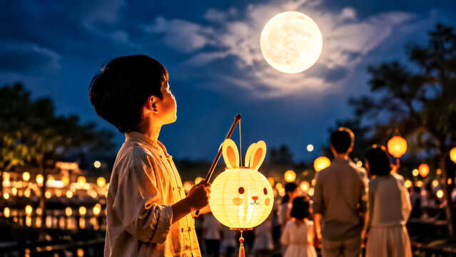 Boy Holding Rabbit Lantern and Watching Full Moon  at Mid-Autumn Festival Celebration