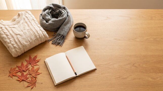 Flat lay of folded sweater, scarf and coffee with blank journal on desk
