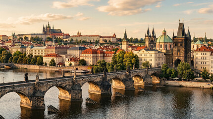 Fototapeta premium Aerial panoramic view of historic Bridge over River at golden hour, with Old Town Bridge Tower, red rooftops, and Castle and Cathedral in background, 