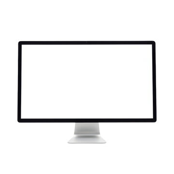 Modern flat screen computer monitor on stand isolated on white background