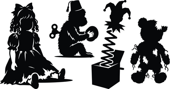 Creepy haunted antique toy silhouette vector set featuring a vintage porcelain doll, clockwork wind up monkey playing cymbals, jack in the box jester, and torn teddy bear.