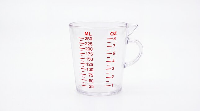 Transparent plastic kitchen measuring cup showing volume markings in milliliters and ounces for precise cooking tasks isolated on white background