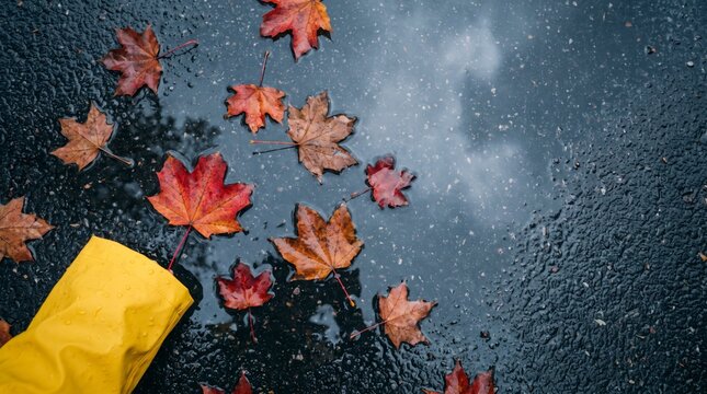 Wet pavement scattered with autumn leaves beside yellow raincoat sleeve