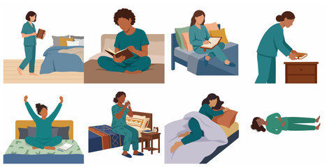 Fototapeta premium Set of Women's Bedtime and Morning Routines Illustration, Healthy Sleep Habits, Journaling and Relaxation in Pajamas