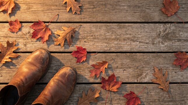 Overhead view of leather boots on wood deck scattered with maple leaves