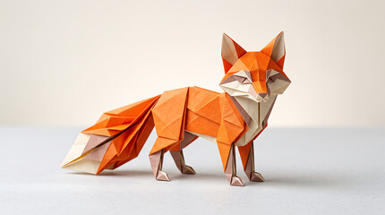 Naklejka premium Vibrant orange origami fox, a meticulously folded paper animal sculpture, showcasing geometric art and craft. A stunning handmade paper fox for creative design projects.