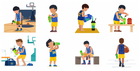 Fototapeta premium Vector Set of a Young Boy Basketball Player Preparing and Drinking Protein Shake for Sports Recovery and Hydration