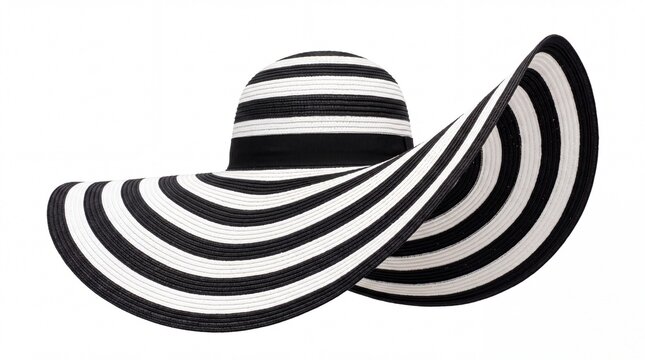Stylish black and white striped wide brim floppy sun hat accessory for elegant summer beach fashion photography on white background