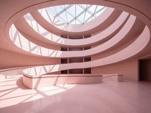 A grand multi-tiered spiral pink atrium topped with geometric glass dome casts lattice light shadows across smooth curved walkways and the spacious central ground floor.