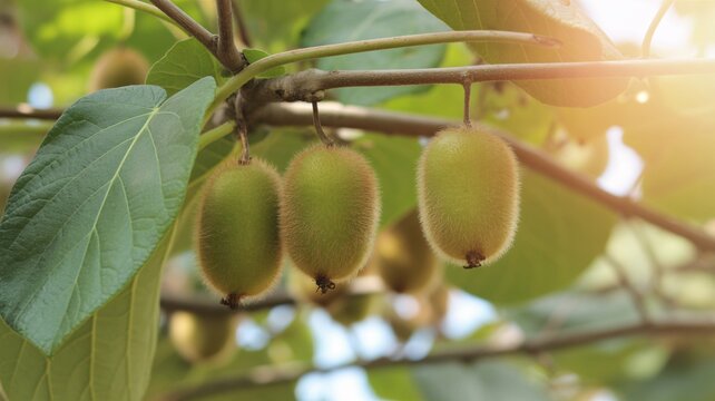 Fresh fuzzy kiwi fruits hanging from a tree branch in an orchard during daylight with kiwifruit agriculture cultivation sunlight daylight