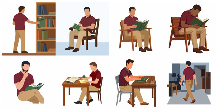 Vector flat illustration set of a man reading, studying, and picking books in a library or home office.