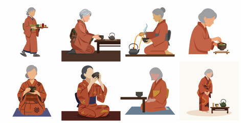 Fototapeta premium Japanese Traditional Tea Ceremony Illustration Set with Senior Women in Kimono