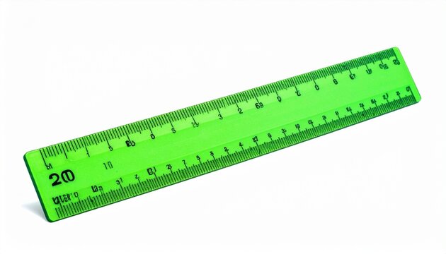 Green plastic ruler with centimeter markings on white surface, symbolizing measurement, precision, and educational simplicity.