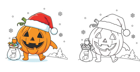 Fototapeta premium Cute Pumpkin Character with Santa Hat Carrying Candy Sack in Snow Colored and Line Art Vector Illustration for Christmas Coloring Book Page