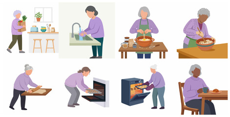 Fototapeta premium Set of elderly women cooking and baking at home, senior ladies preparing food, washing hands, and enjoying a meal in a flat vector illustration style