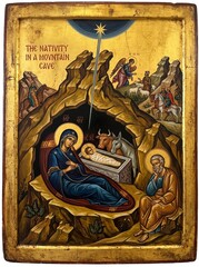 Fototapeta premium Orthodox icon of the nativity in a mountain cave with woman Virgin Mary and baby Jesus in manger and man Joseph. Christmas religious art and biblical birth of Christ for holiday celebration and faith