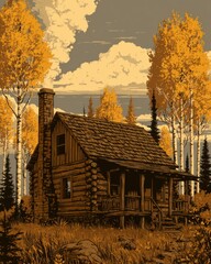 Fototapeta premium Cabin stands amidst autumn trees with smoke rising, showcasing the beauty of nature during fall. A nostalgic scene from the past.