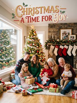 Happy multigenerational family opening Christmas gift together in cozy living room with decorated tree and fireplace. Joyful holiday celebration and togetherness concept for greeting card
