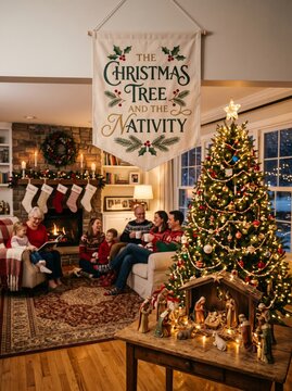 Family celebrating Christmas in cozy living room with illuminated tree and nativity scene. The Christmas tree and the nativity banner. Religious holiday tradition and festive togetherness concept