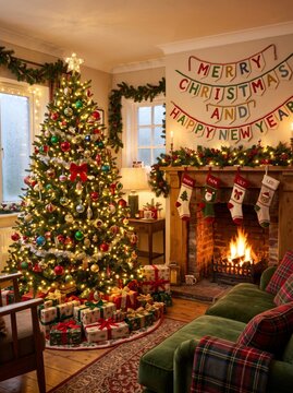 Cozy christmas living room with decorated tree with light and gift near fireplace with stocking. Merry christmas and happy new year banner with garland for festive holiday home decoration