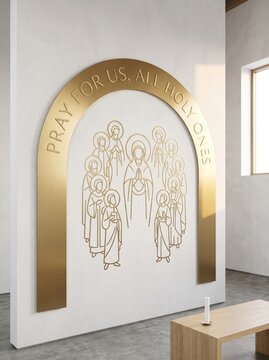 Modern church wall with golden arch inscription pray for us all holy ones and minimalist line art saints with halo. Christian faith and All Saints Day prayer concept for worship decoration
