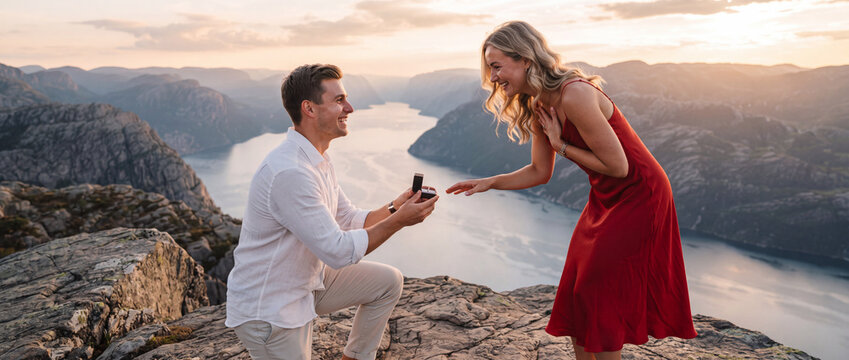 Marriage proposal on a mountain cliff where a happy man kneels with a diamond ring box for his surprised girlfriend at sunset over a scenic fjord for romantic engagement concepts