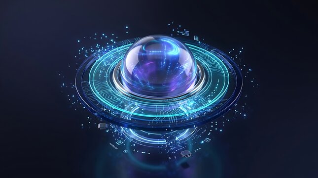 Futuristic glowing orb with complex digital circuitry and a dark background