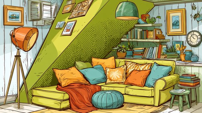A bright and warm nook features a green sofa with colorful pillows, books on shelves, and a floor lamp in a retro room setting.
