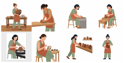 Fototapeta premium Woman Potter Character Set Engaged in Pottery Process and Ceramic Crafting Illustration