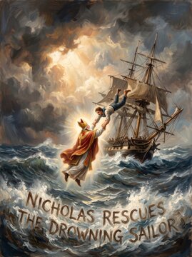 Saint Nicholas rescuing drowning man sailor from stormy sea near sailing ship. Divine miracle and christian faith concept. Religious legend of holy bishop protector of seafarers