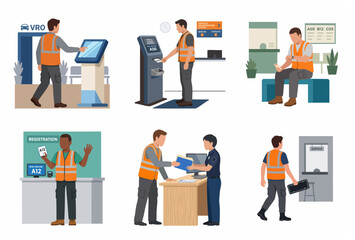 Fototapeta premium People at vehicle registration office or DMV using kiosk and service counter flat vector illustration set
