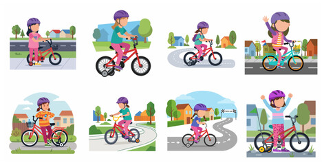 Fototapeta premium Set of vector illustrations featuring a young girl in a purple helmet learning to ride and cycling on a bicycle in various neighborhood settings.
